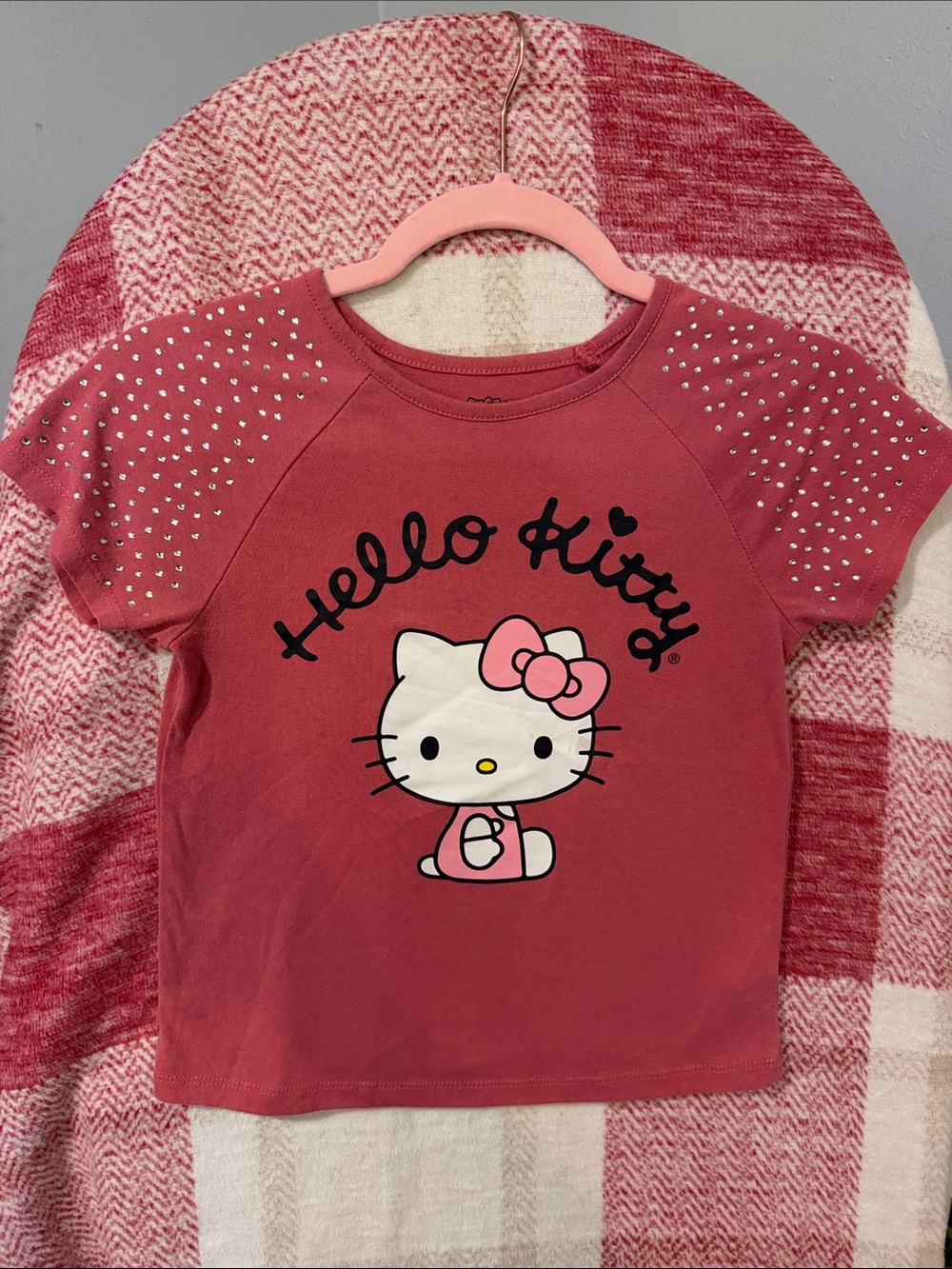 Hello Kitty Rose Pink Short Sleeve Tee with Studded Sleeves